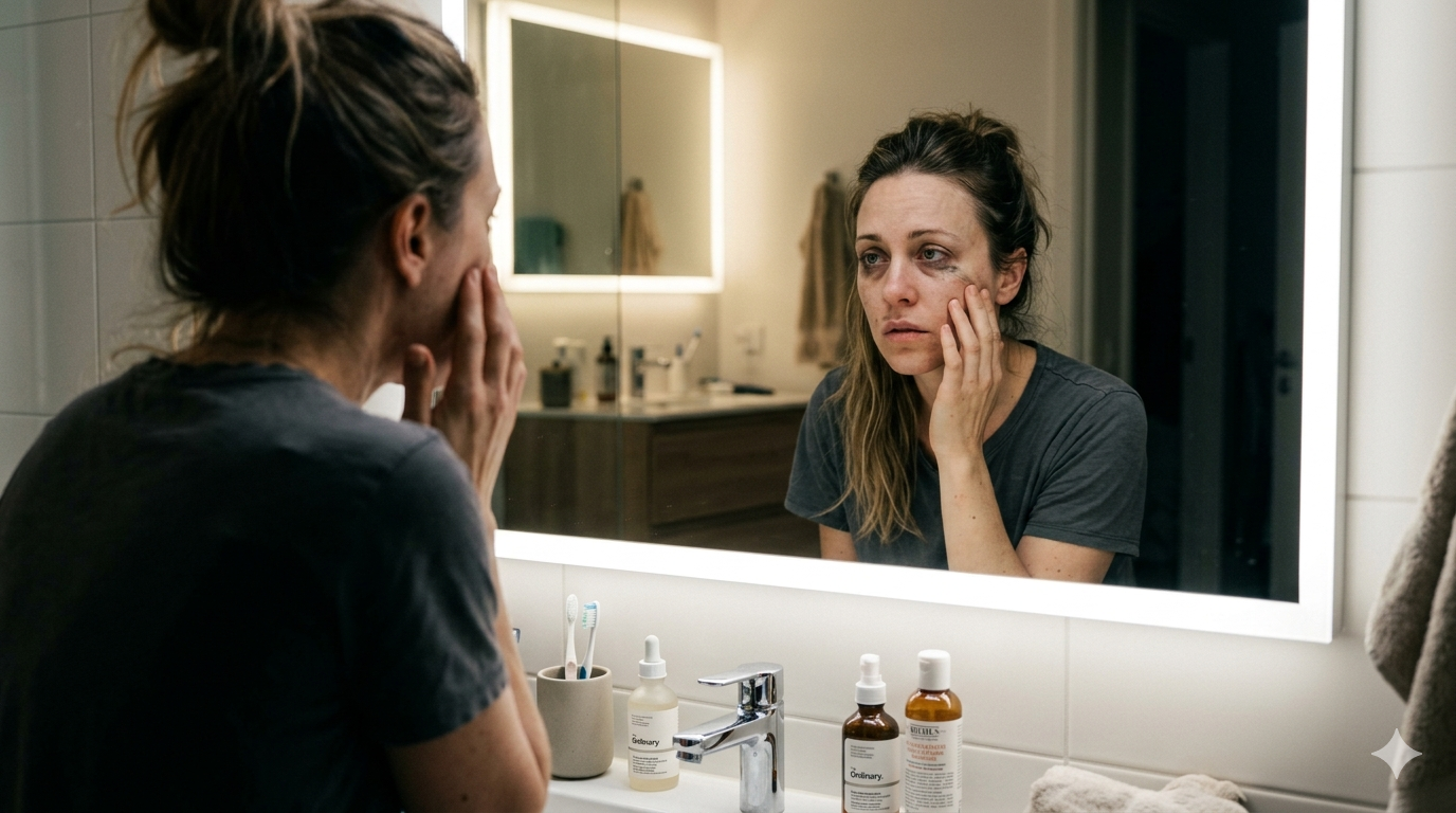 woman looking in a brightly lit modern bathroom mirror