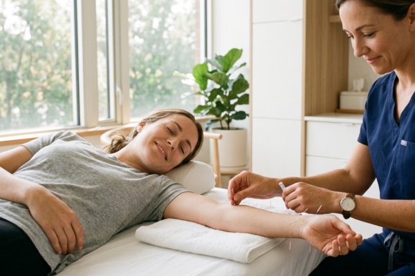 woman lying comfortably on a clean clinic