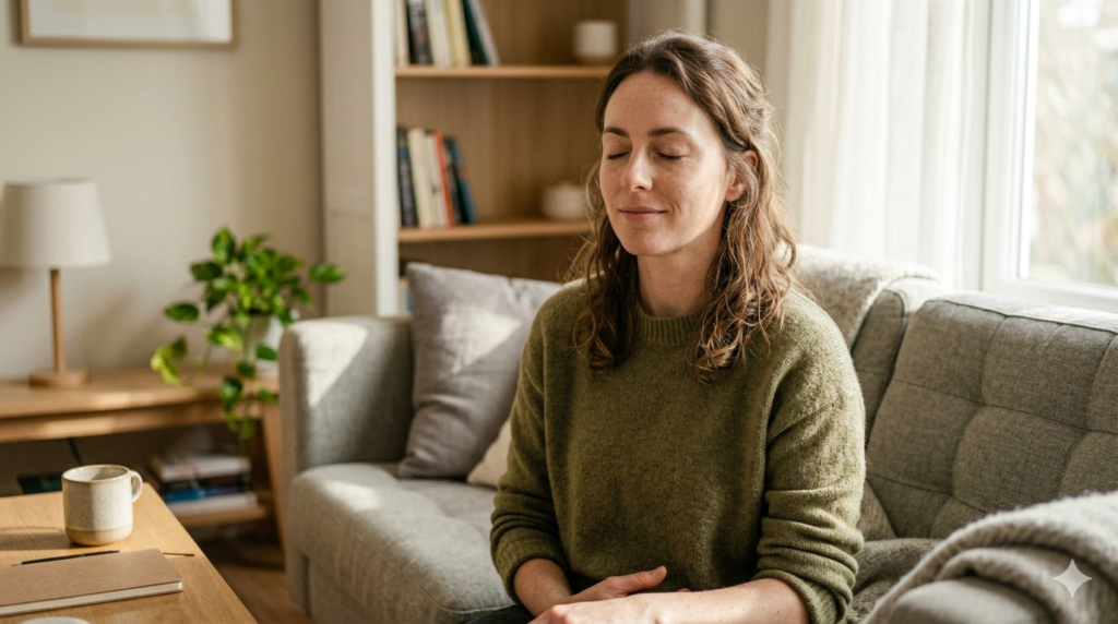 woman practicing deep breathing with her eyes gently closed
