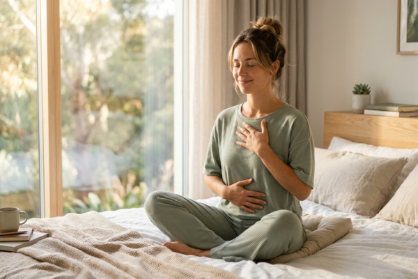 woman practicing deep slow belly breathing,Somatic therapy
