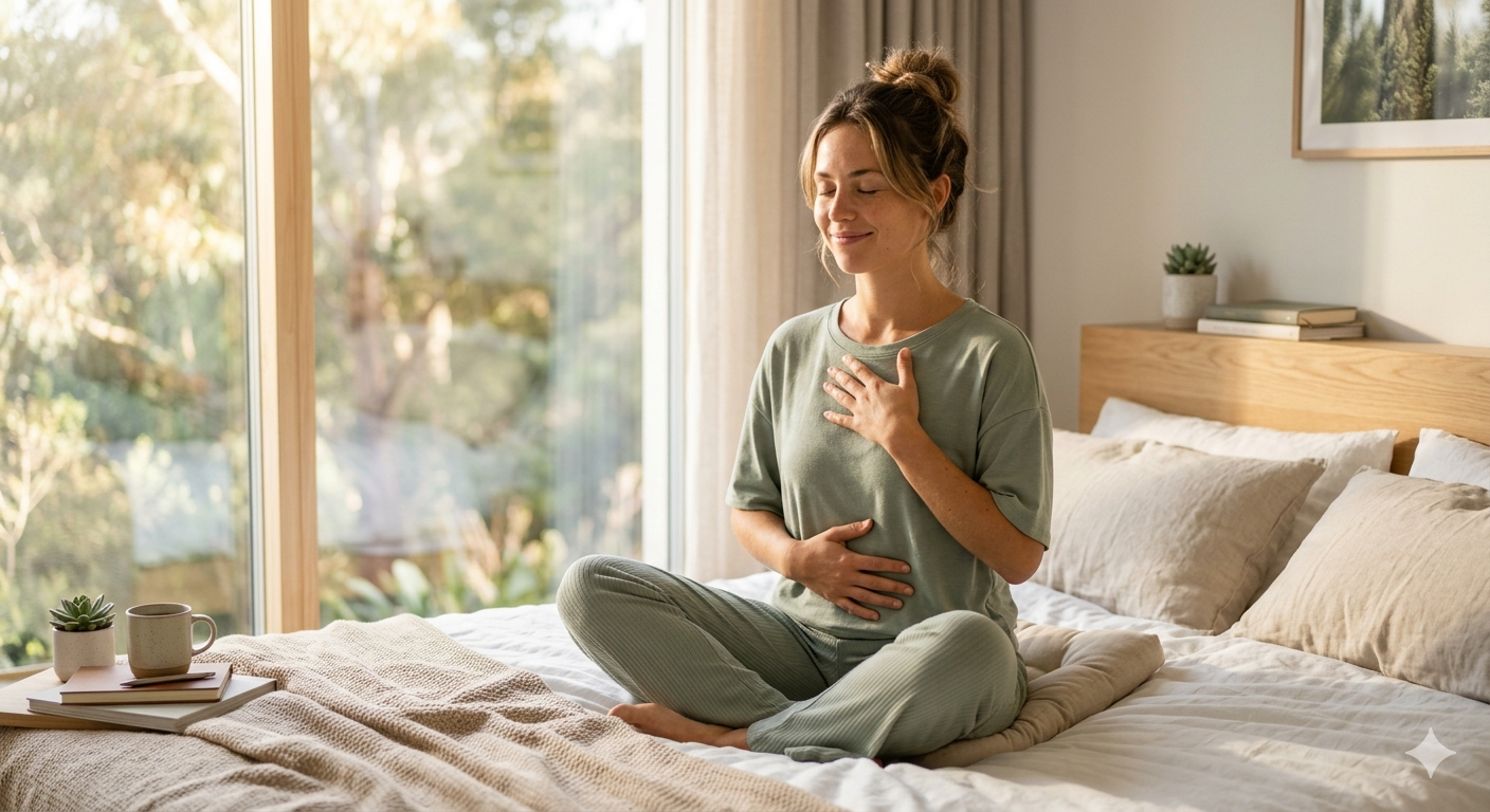 woman practicing deep slow belly breathing,Somatic therapy