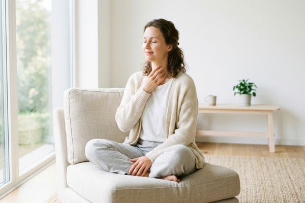 woman sitting quietly with her eyes closed, doing deep relaxing breathing