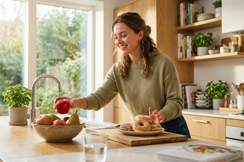 woman standing in a bright modern kitchen, gently pushing away a plate of sugary donuts,Sugar and skin nerve pain
