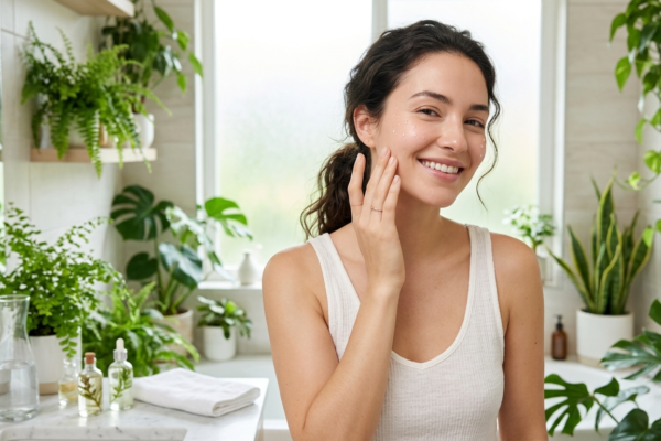 First, a deeply happy woman gently touches her deeply hydrated glowing skin.