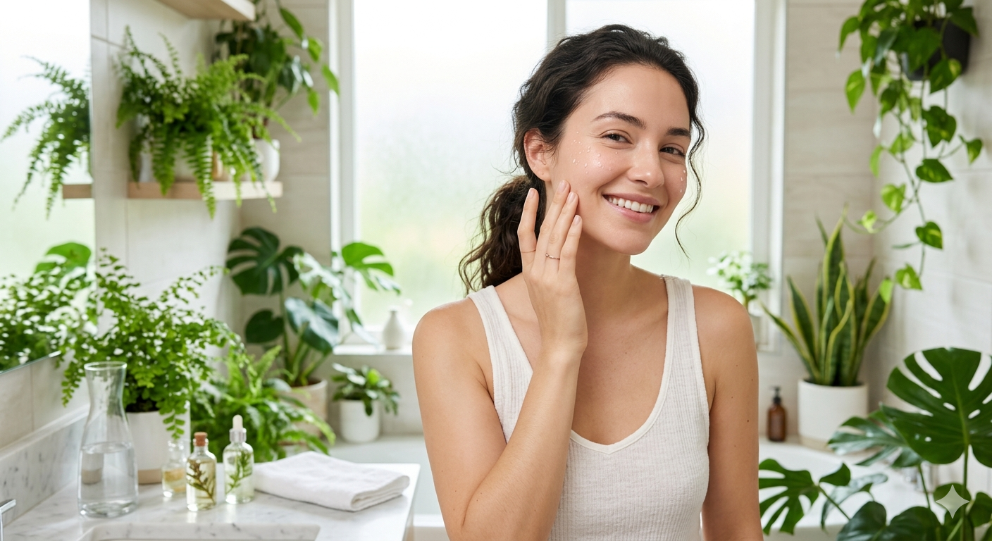 First, a deeply happy woman gently touches her deeply hydrated glowing skin.