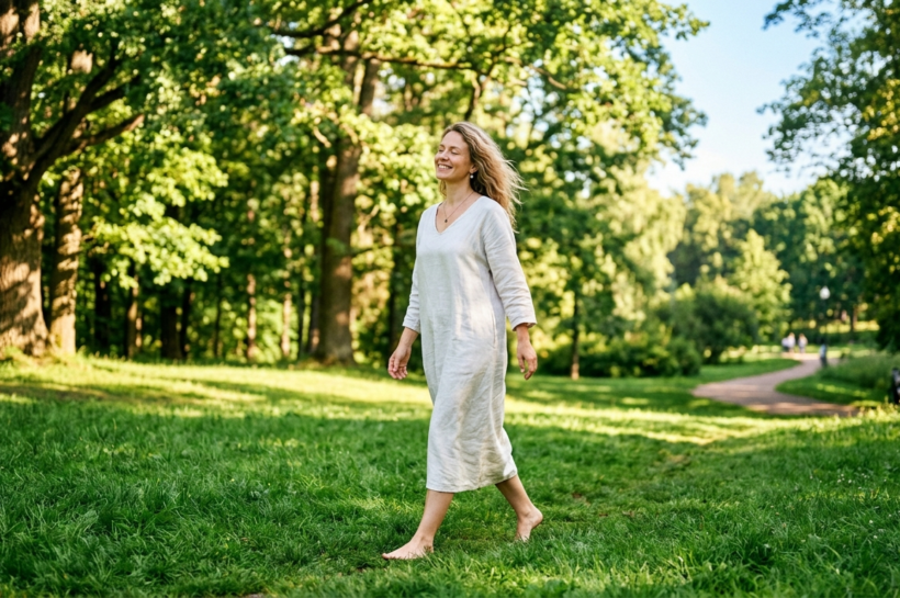 woman walking barefoot on highly soft