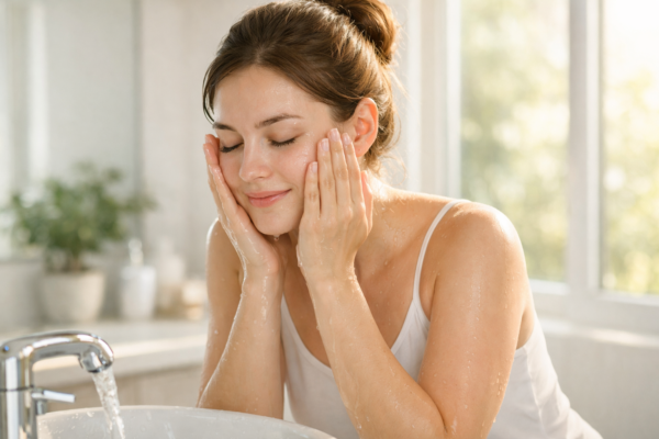 woman washing her face gently,Harsh exfoliants