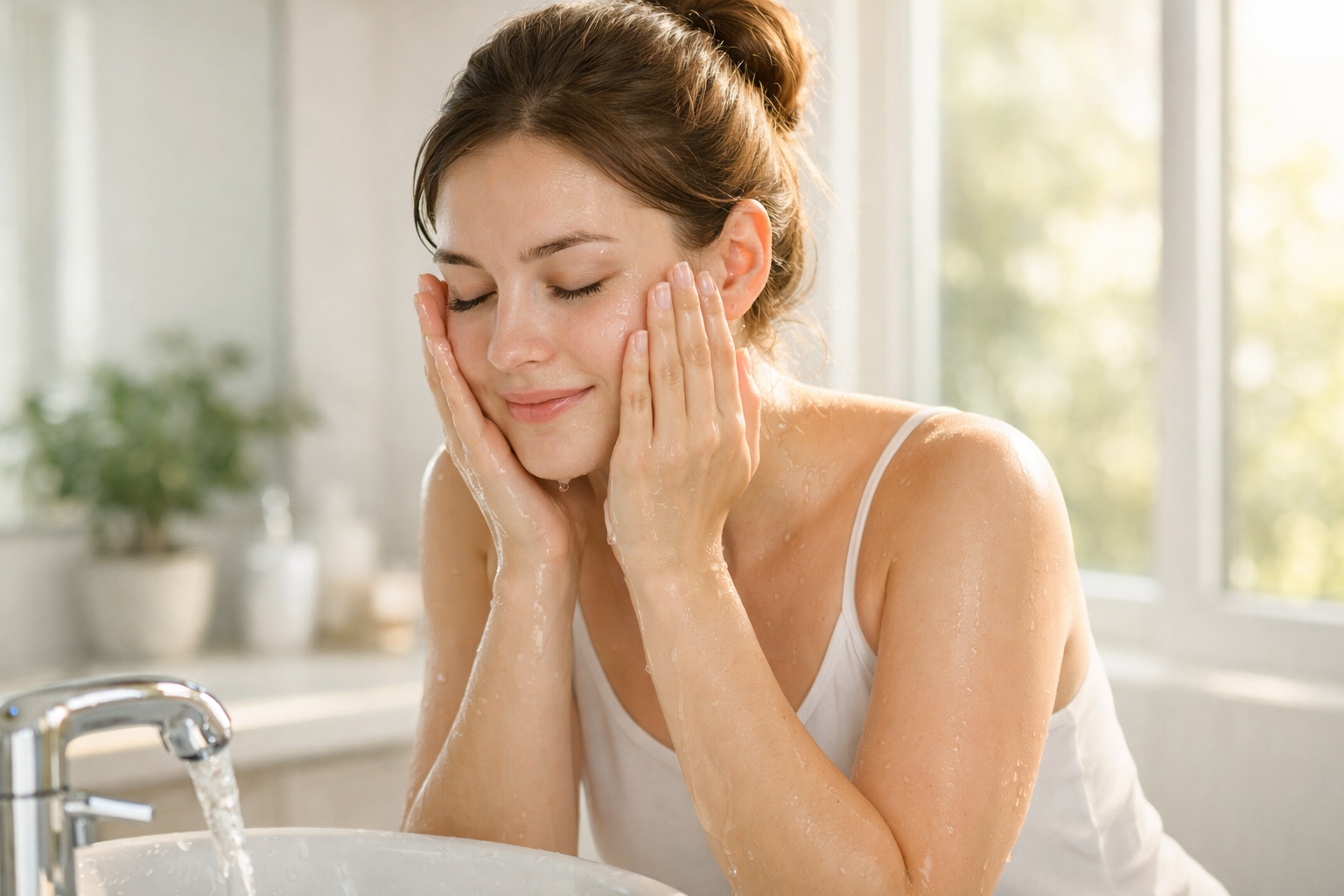 woman washing her face gently,Harsh exfoliants