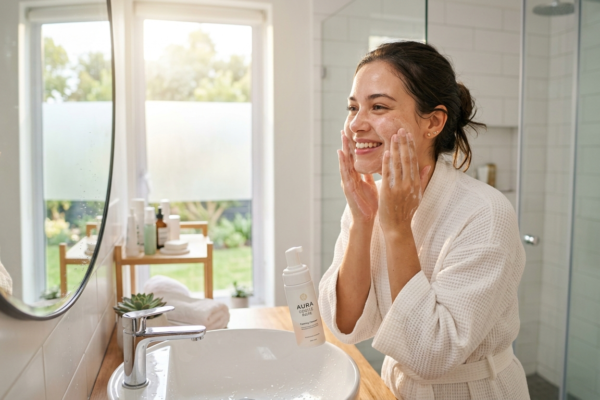 woman washing her face with a gentle soft,Weekly skincare routine
