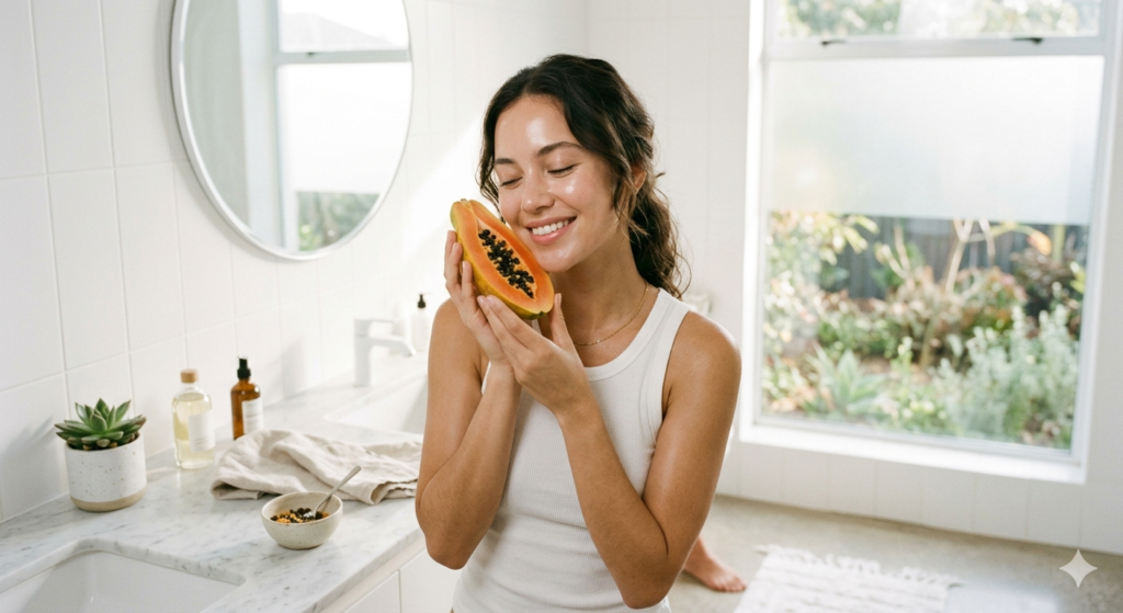 woman with perfectly glowing clear skin gently