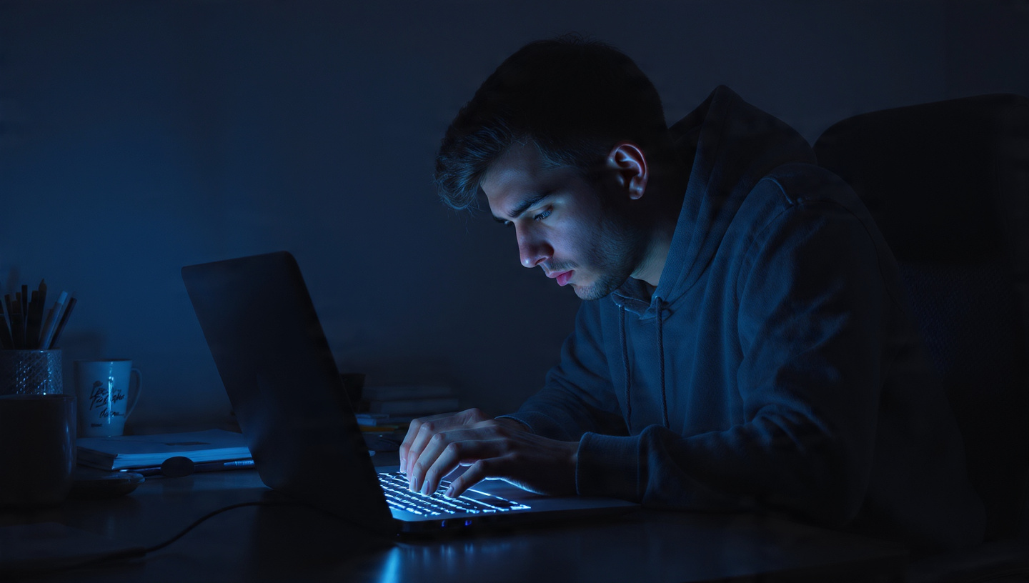 young adult sitting hunched over a laptop in a dark room
