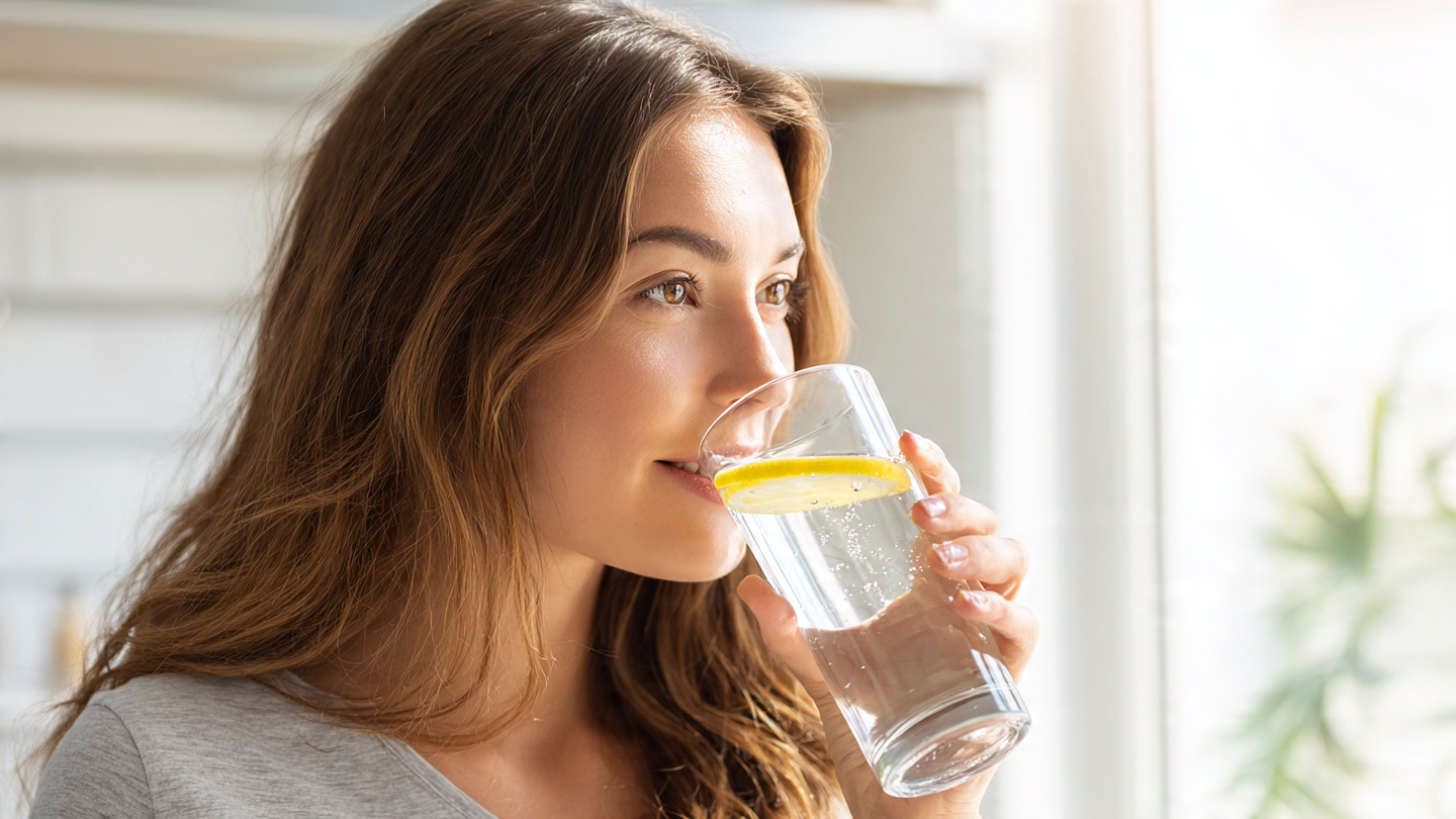 young woman drinking a tall glass of fresh