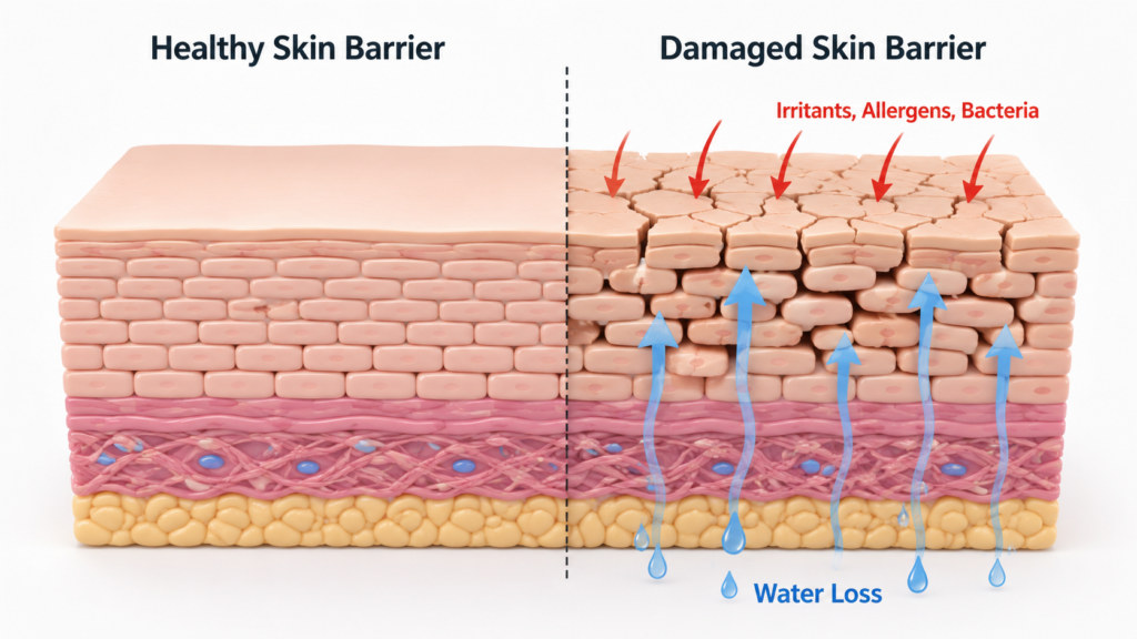 A simple 3D illustration of a healthy skin barrier versus a broken barrier losing moisture and letting in irritants.