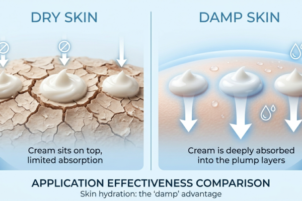 Diagram showing the difference between applying moisturizer on dry skin vs damp skin