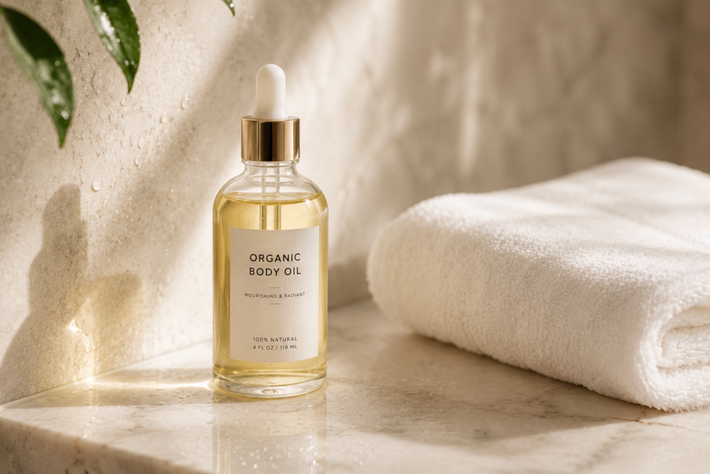 Moisturizing body oil used after a shower to lock in skin moisture