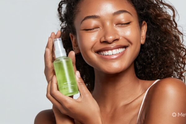 A woman applying a cooling green tea mist to her face to reduce redness.
