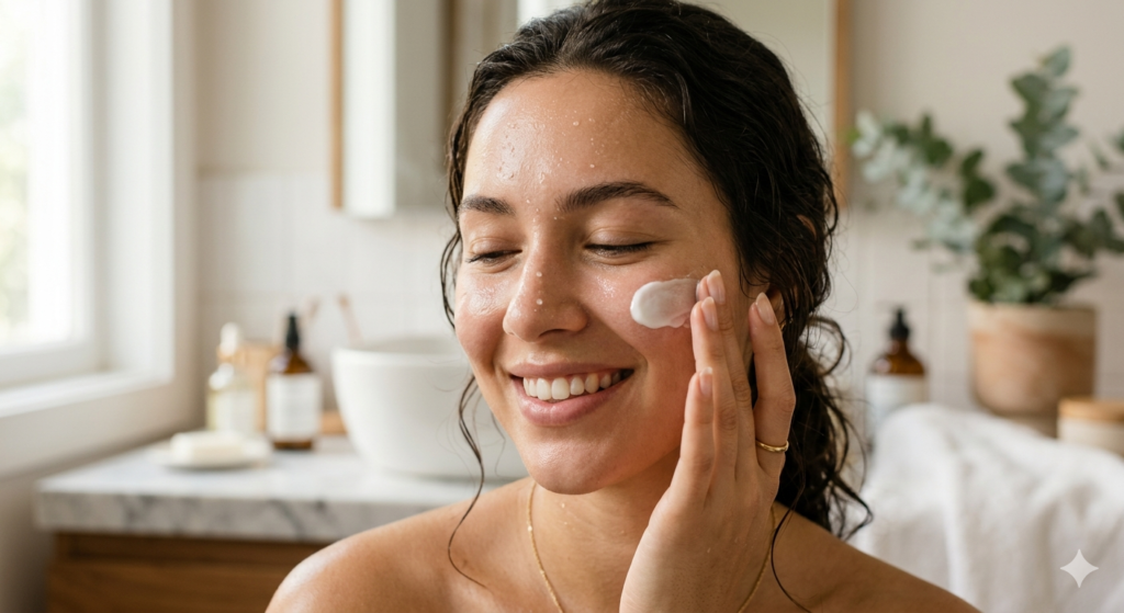 Person applying moisturizer to damp, glowing skin to lock in hydration.