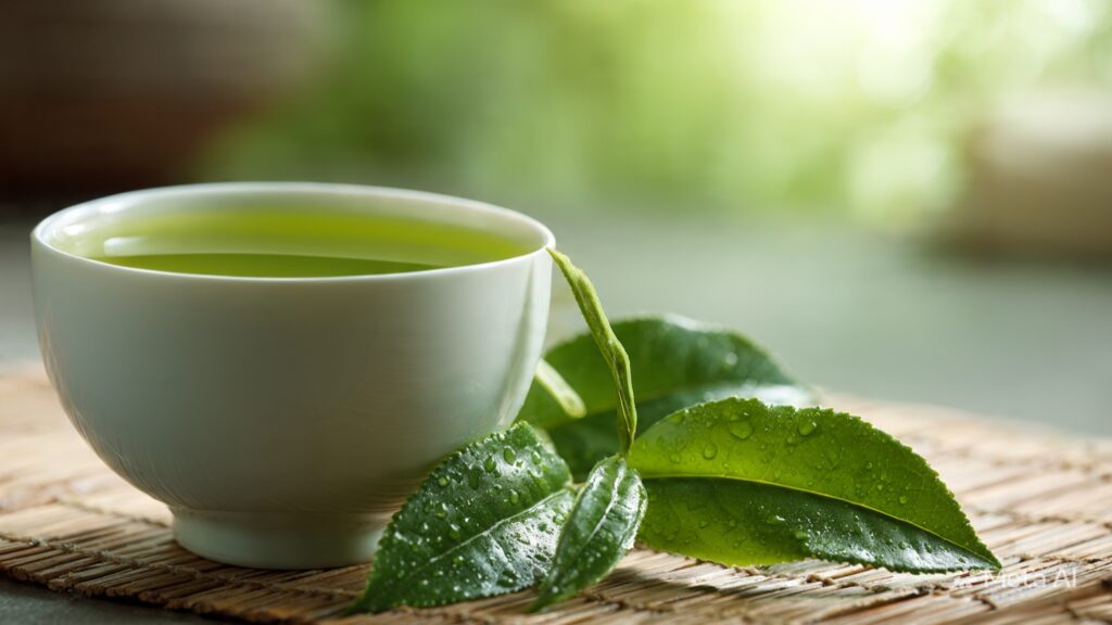 A close-up of fresh green tea leaves and a cup of tea on a wooden surface.