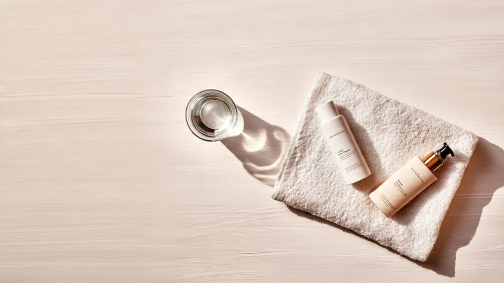 A gentle skincare kit including cleanser, towel, and sunscreen to help manage peeling skin.
