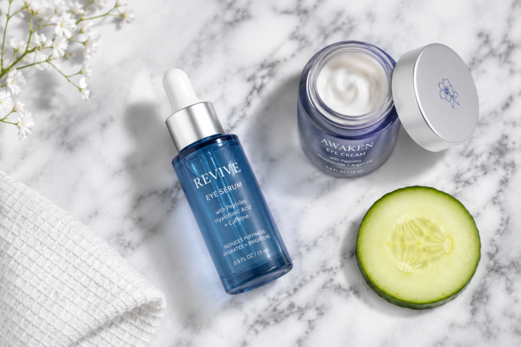 Skincare products for an eye routine to reduce dark circles and wrinkles.