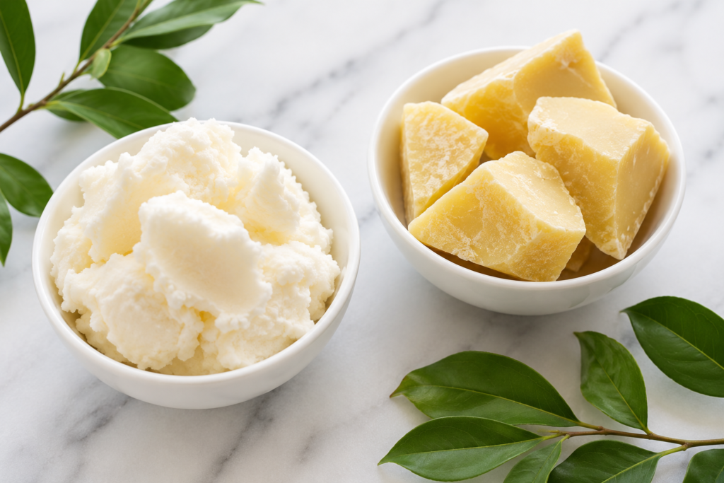 Raw shea butter and cocoa butter in bowls on a marble surface for skin comparison.