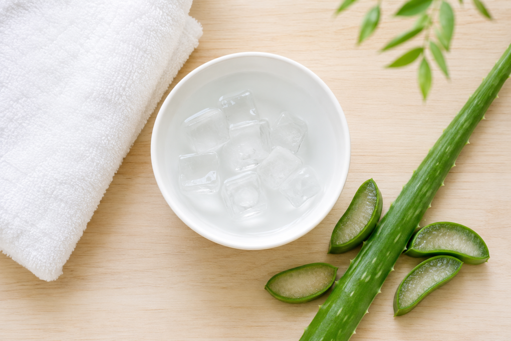 Natural soothing elements for skin irritation including aloe vera and a cold compress.