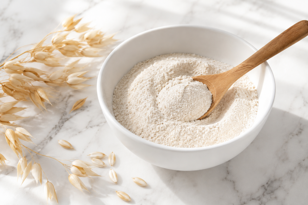 A bowl of fine colloidal oatmeal powder on a white table for natural skincare