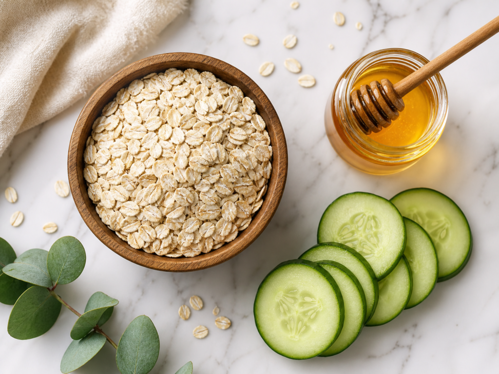 Natural and soothing skincare ingredients like oatmeal and honey for face masks.