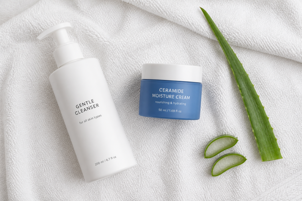 A gentle skincare routine featuring ceramide cream and aloe vera for skin barrier repair.