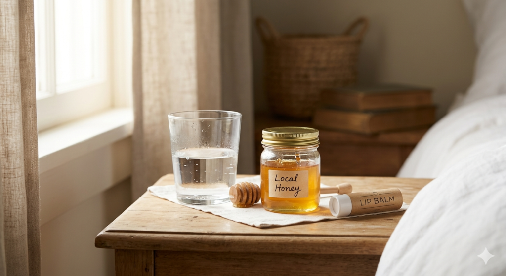 Natural remedies for chapped lips including water, honey, and protective balm.