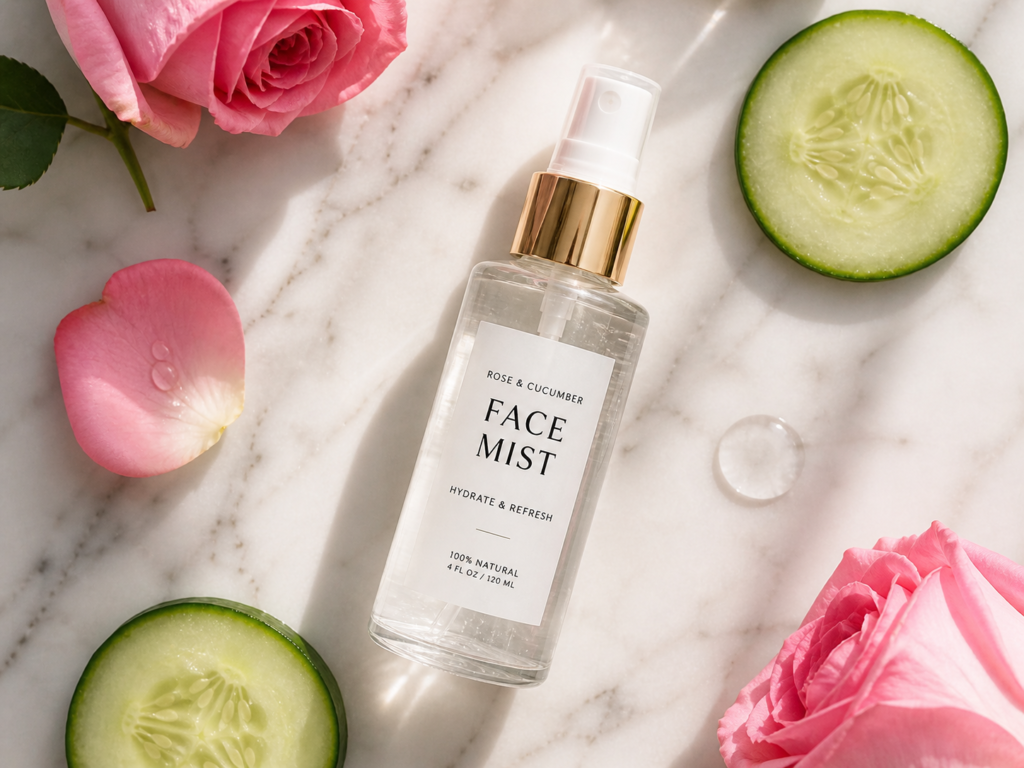 A glass bottle of natural face mist surrounded by soothing rose petals and cucumber.