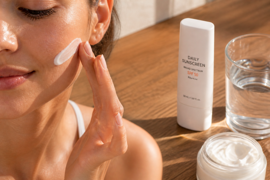 Applying a hydrating moisturizer and sunscreen to prevent skin flaking and dryness.