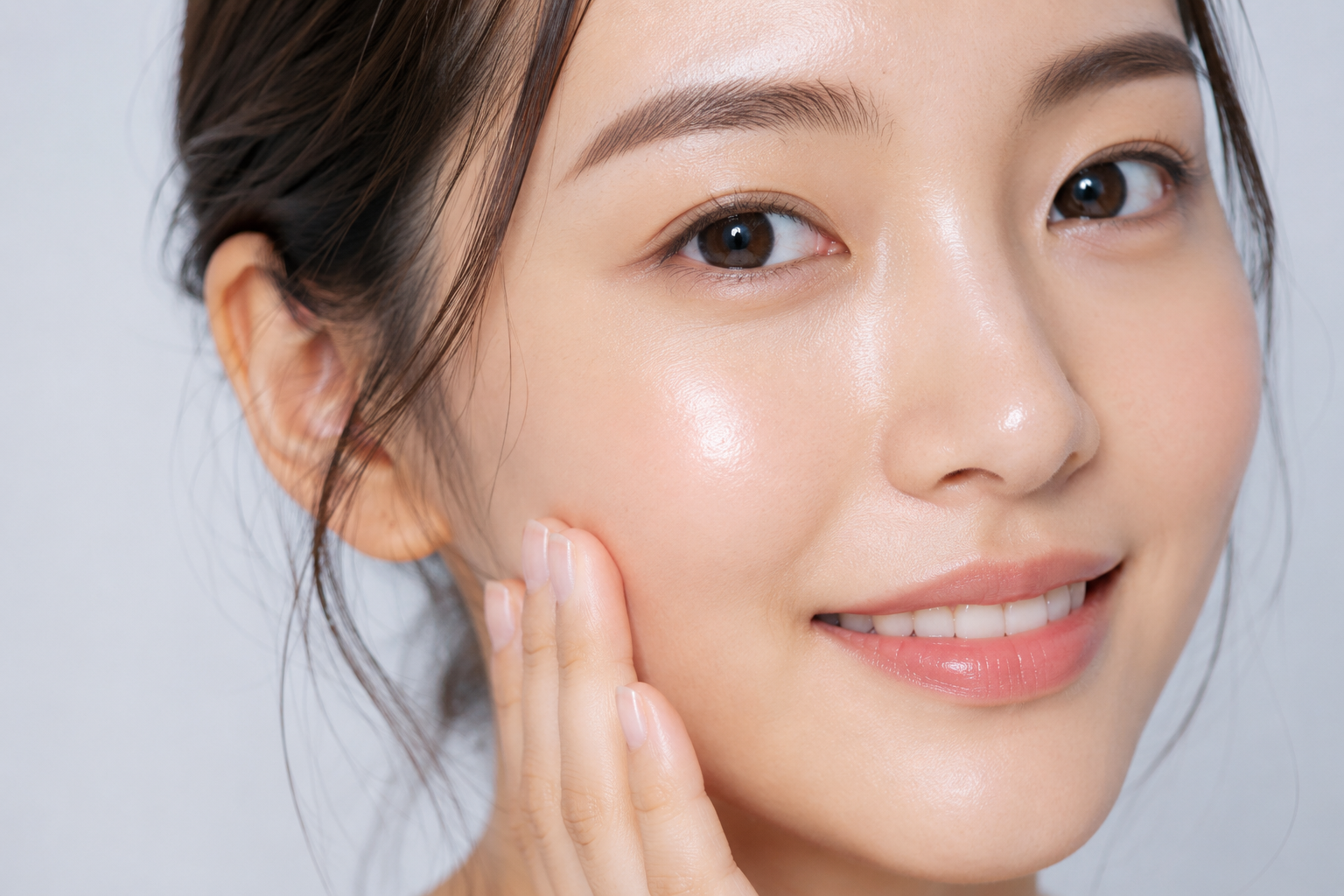 A person showing healthy and glowing skin after using lightweight squalane oil.