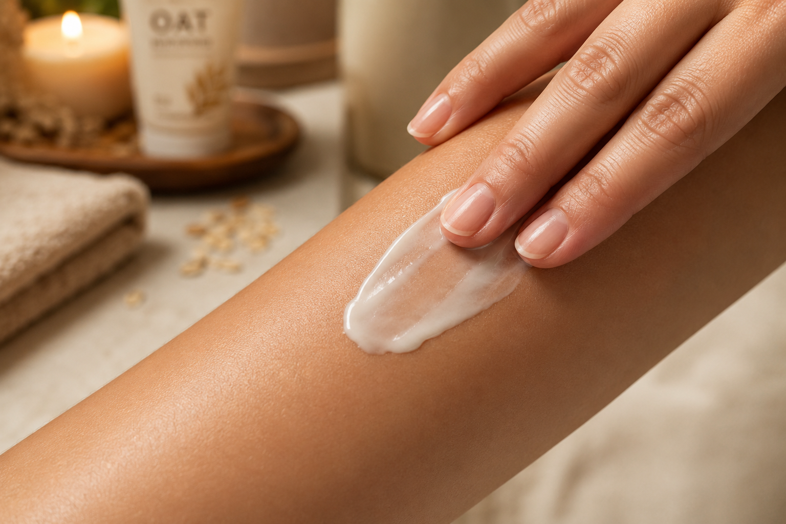 A person using colloidal oatmeal cream to heal dry and itchy skin