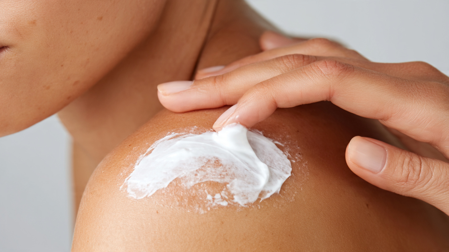 Applying a rich moisturizing cream to treat dry peeling skin on the arm.