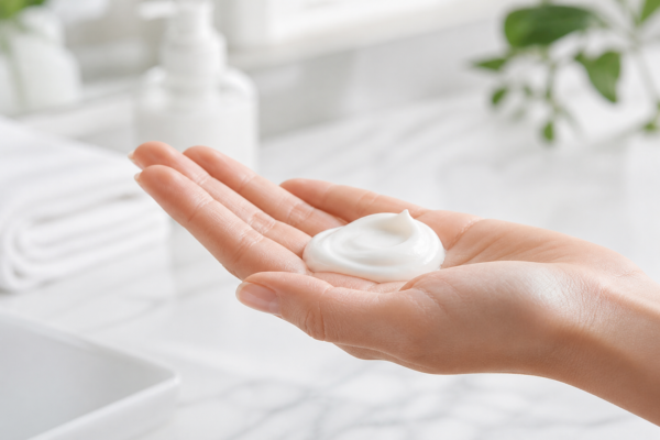 Applying a soothing fragrance-free moisturizer to sensitive skin for a calm glow.