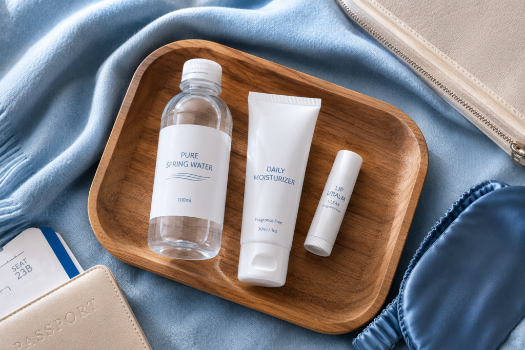 Travel-sized fragrance-free skincare products for maintaining skin hydration while flying.