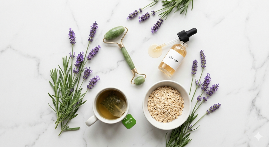 Calming skincare products including jade roller, serum, oats, and lavender — natural remedies for stress-related skin issues