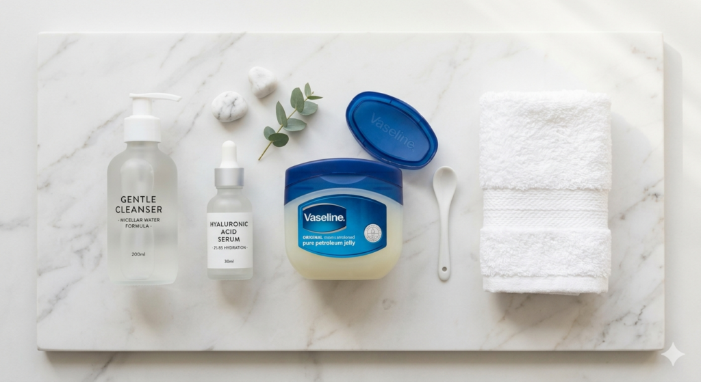 Skincare products required for the slugging technique, including moisturizer and petroleum jelly.