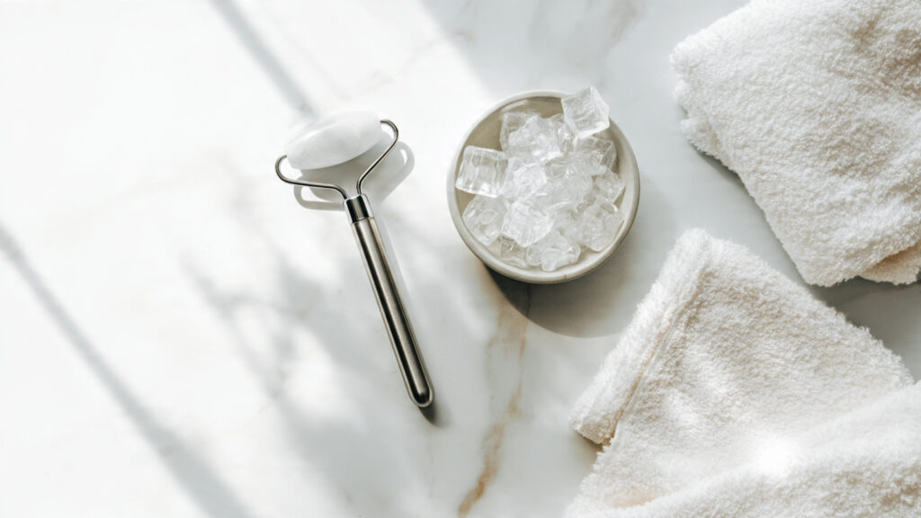 Professional skin icing tools and ice cubes used for facial cooling and redness relief.