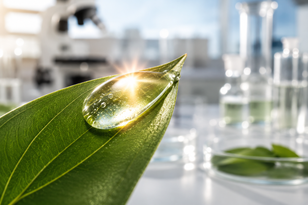 A clear drop of Vitamin B5 serum on a leaf representing natural hydration.