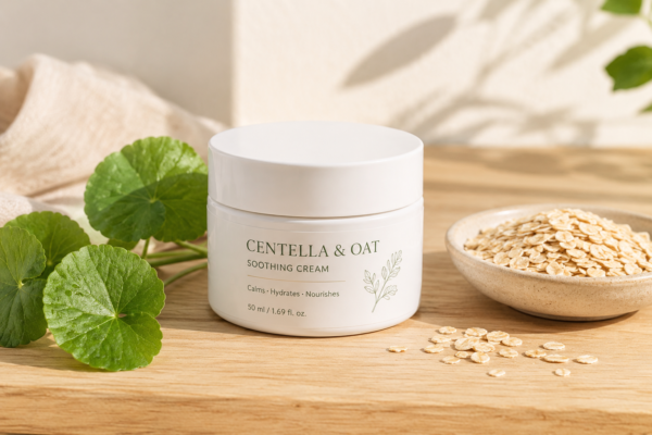 A skincare jar next to Centella Asiatica leaves and oats showing soothing ingredients.