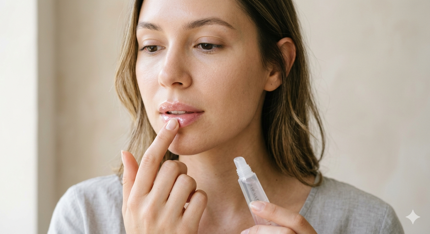 A woman applying soothing lip balm to treat dry and chapped lips.