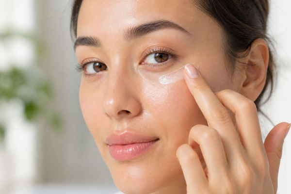 A woman applying eye cream for under-eye hydration to stop fine lines.