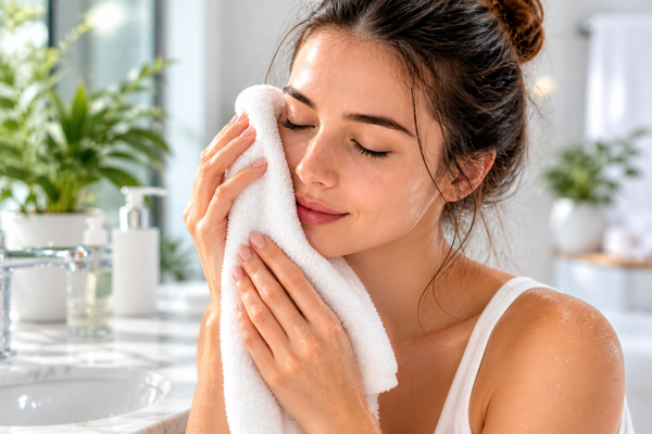 A woman using a damp washcloth to gently remove peeling skin from her face.