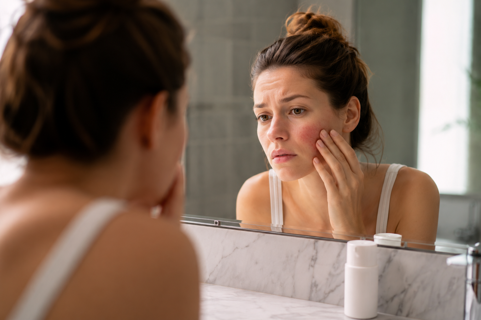 A woman examining a red allergic skin reaction on her face in a bathroom mirror.