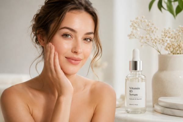 A woman with soft skin using a Panthenol serum for a healthy glow.