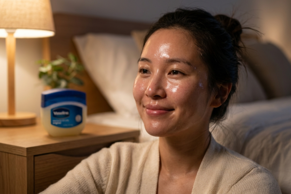 A woman with glowing, hydrated skin after applying the slugging technique with petroleum jelly.