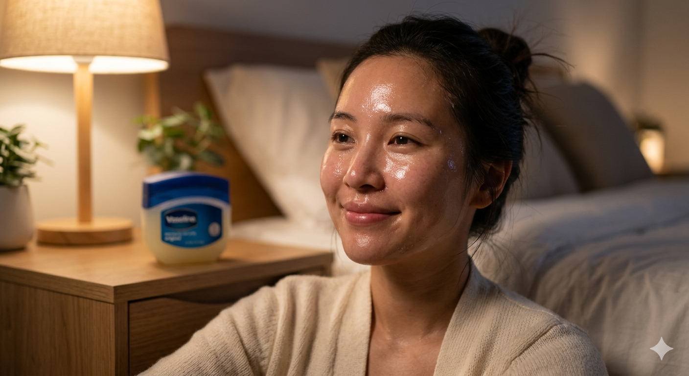A woman with glowing, hydrated skin after applying the slugging technique with petroleum jelly.