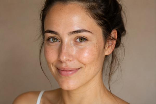 A woman showing healthy and calm skin after following a Skinimalism routine.